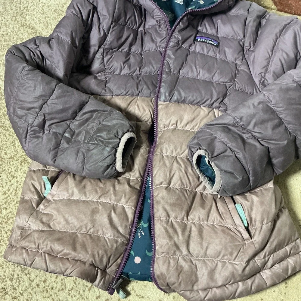 Patagonia Reversible Down Sweater Hoody Kids M 10 Blue Whale Purple Puffer Coat
